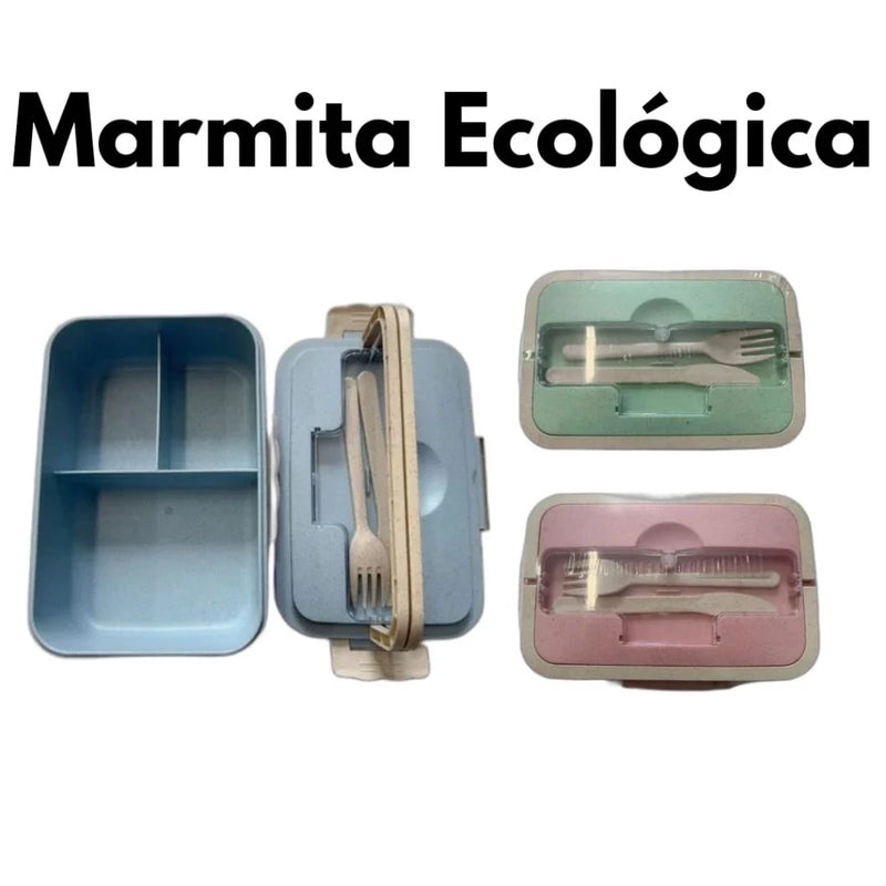 Marmita Lancheira Retangular para Micro ondas com Copo e Garfo e Colher