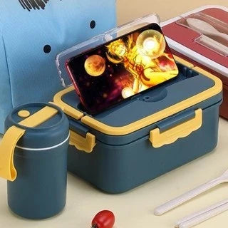 Marmita Lancheira Retangular para Micro ondas com Copo e Garfo e Colher