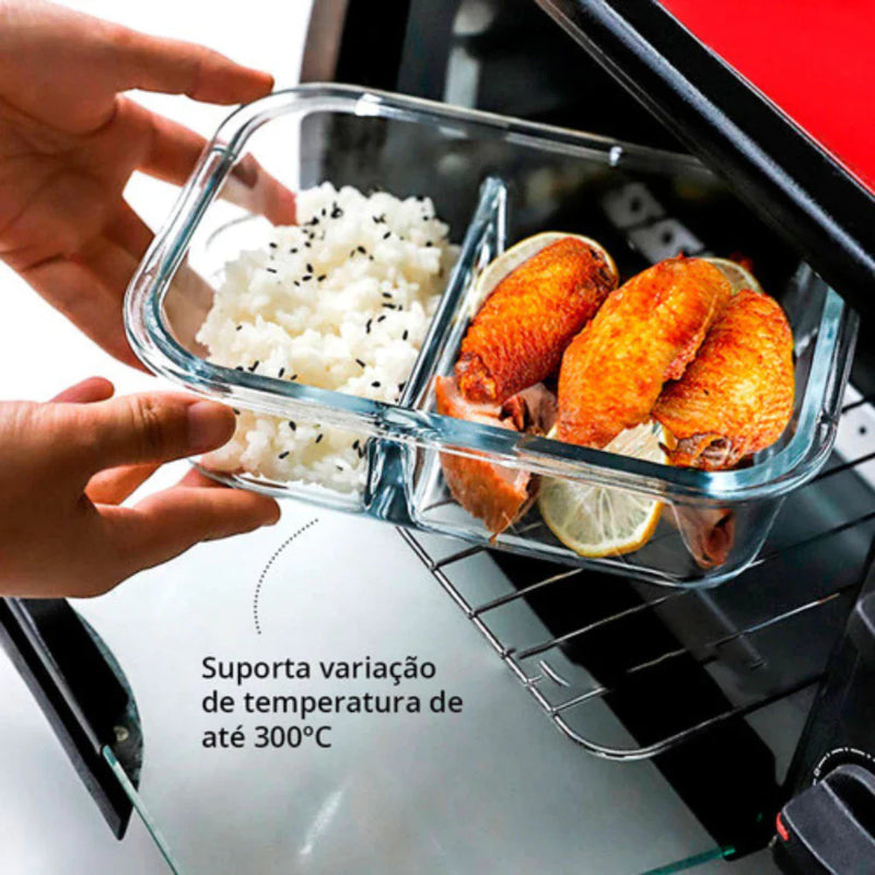 Pote Hermético de Vidro com Divisória Marmita 2 e 3 Divisórias Tampa com Trava Válvula 600 e 100ml