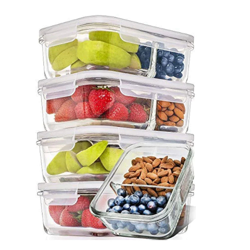 Pote Hermético de Vidro com Divisória Marmita 2 e 3 Divisórias Tampa com Trava Válvula 600 e 100ml