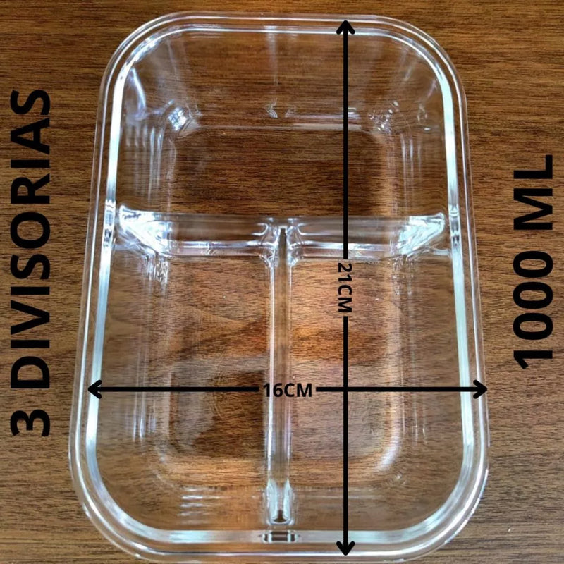 Pote Hermético de Vidro com Divisória Marmita 2 e 3 Divisórias Tampa com Trava Válvula 600 e 100ml