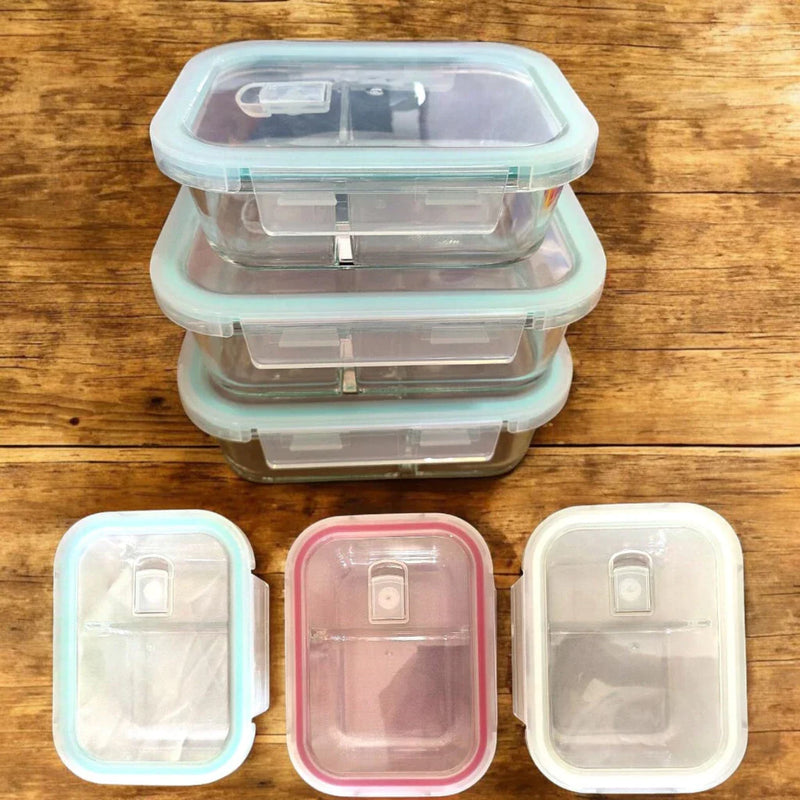 Pote Hermético de Vidro com Divisória Marmita 2 e 3 Divisórias Tampa com Trava Válvula 600 e 100ml