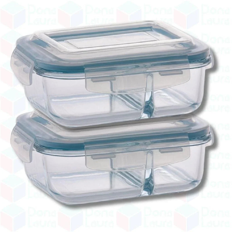 Kit 2 Potes de Vidro Herméticos Click Glass 640ml com Divisória: Marmita Segura para Forno, Micro-ondas e Airfryer!
