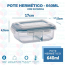 Kit 2 Potes de Vidro Herméticos Click Glass 640ml com Divisória: Marmita Segura para Forno, Micro-ondas e Airfryer!