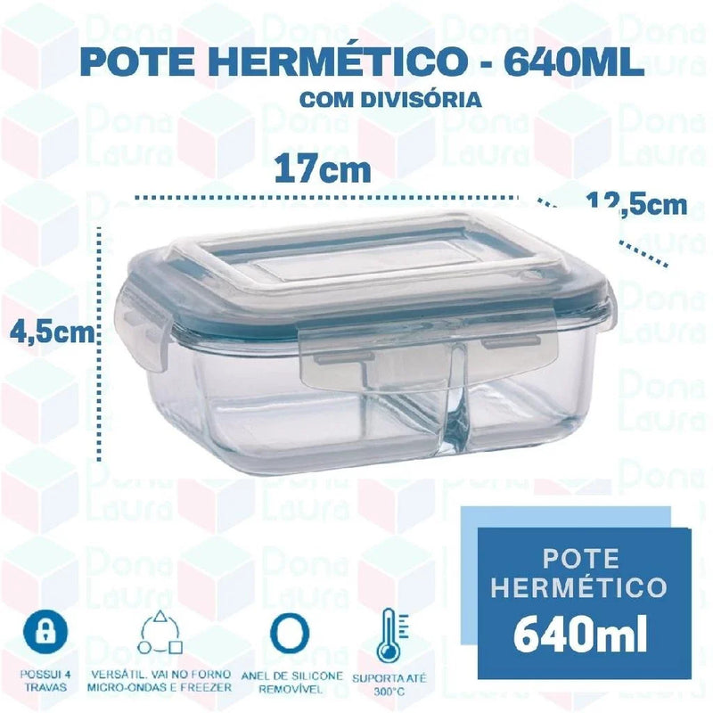 Kit 2 Potes de Vidro Herméticos Click Glass 640ml com Divisória: Marmita Segura para Forno, Micro-ondas e Airfryer!