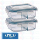 Kit 2 Potes de Vidro Herméticos Click Glass 640ml com Divisória: Marmita Segura para Forno, Micro-ondas e Airfryer!