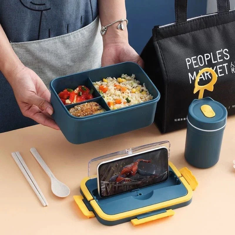 Marmita Lancheira Retangular para Micro ondas com Copo e Garfo e Colher